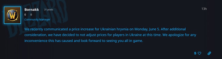 Blizzard cofnął decyzję o podniesieniu cen WoW-a na Ukrainie po sprzeciwie fanów - ilustracja #1