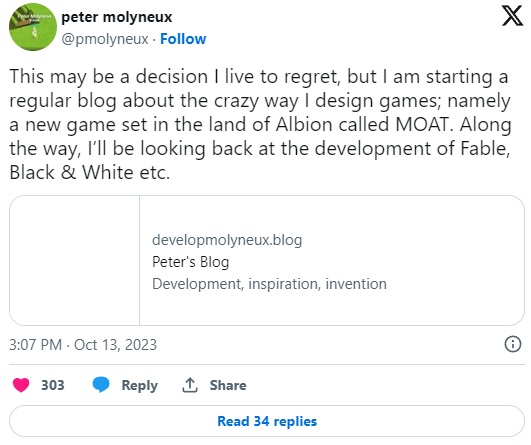 Peter Molyneux ogłosił nową grę i założył szczery blog, na wszelki wypadek bez komentarzy - ilustracja #1