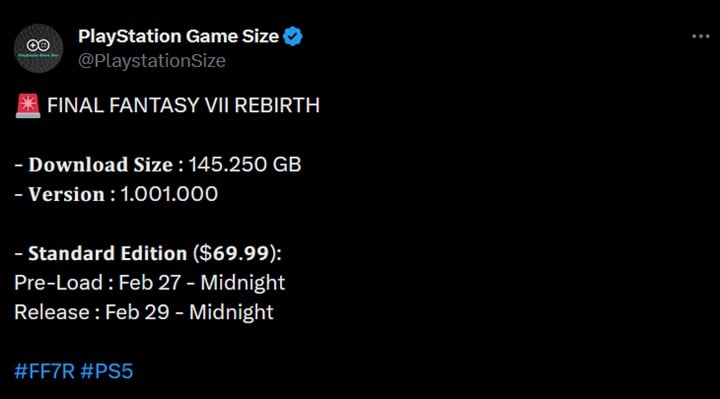 Rozmiar gry opublikowany przez PlayStation Game Size. - Nadciąga demo Final Fantasy VII Rebirth. Znamy też rozmiar pełnej wersji [Aktualizacja] - wiadomość - 2024-02-06