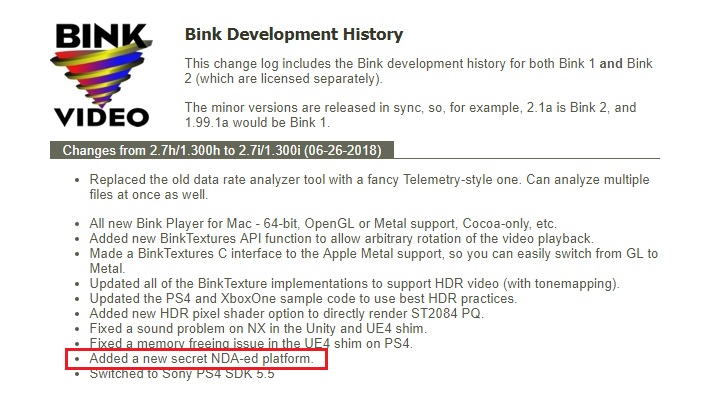 Ostatnia lista zmian Bink Video to na razie jedyne potwierdzenie istnienia nieznanej platformy do gier. - Twórcy Bink Video potwierdzają nadejście nowej konsoli - wiadomość - 2018-06-30