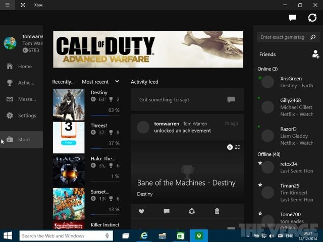 Na razie brak konkretów na temat grania na Windowsie 10. Jest za to aplikacja do Xbox Live. (Źródło: The Verge) - Windows 10 będzie posiadał obsługę oprogramowania Cortana oraz aplikację do Xboksa - wiadomość - 2014-12-14
