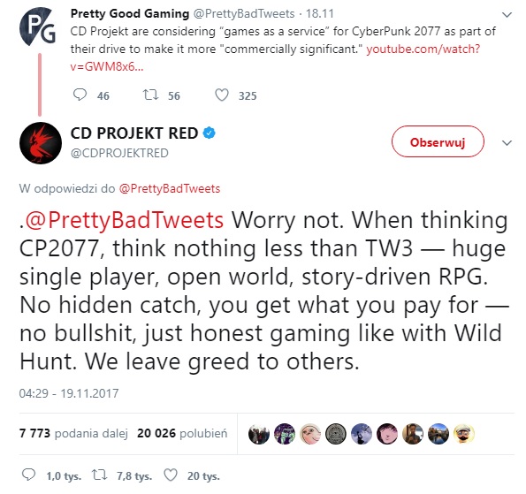 CD Projekt nie pójdzie w ślady branżowych gigantów Źródło: Twitter.
