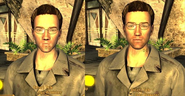 Po lewej stronie wersja pierwotna, po prawej twarz zmodyfikowana przez projekt Redesigned 2. - Lifting Fallout: New Vegas – poradnik upiększania postapokaliptycznego cRPG-a studia Obsidian Entertainmen - wiadomość - 2014-04-01