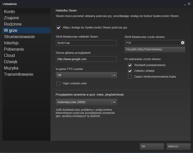 Licznik klatek na sekundę włączymy z poziomu ustawień „W grze”. - Steam – najnowsza aktualizacja dodaje możliwość streamowania i licznik FPS - wiadomość - 2015-01-20