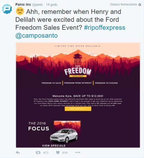 Kampania reklamowa Forda wykorzystuje objętą prawami autorskimi grafikę z Firewatch - ilustracja #1