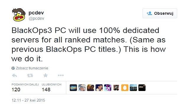 Pcdev potwierdził dedykowane serwery w wersji PC. - Call of Duty: Black Ops III – nowe szczegóły o wersji PC - wiadomość - 2015-04-28