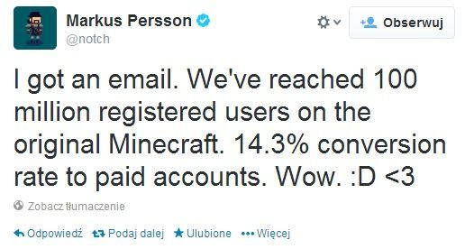 Markus Persson chwali się popularnością Minecrafta.