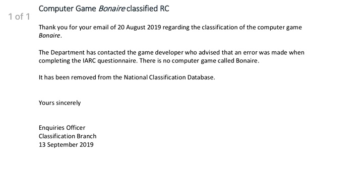 Informacja o usunięciu Bonaire z bazy australijskiej organizacji. - Red Dead Redemption 2 na PC - jest klasyfikacja wiekowa w Australii - wiadomość - 2019-09-24