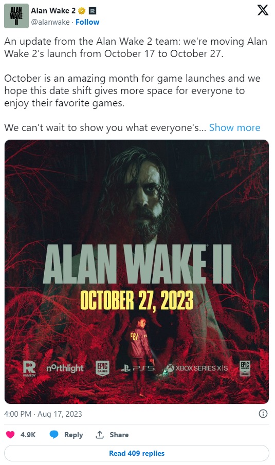 Alan Wake 2 opóźniony; „październik to świetny miesiąc na wydawanie gier” - ilustracja #1