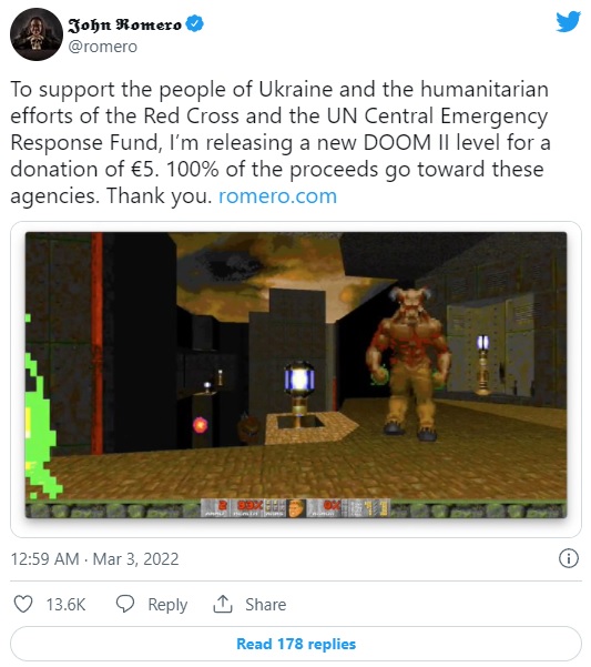 Doom 2 z nowym poziomem od Johna Romero; wpływy trafią do ofiar wojny na Ukrainie - ilustracja #1