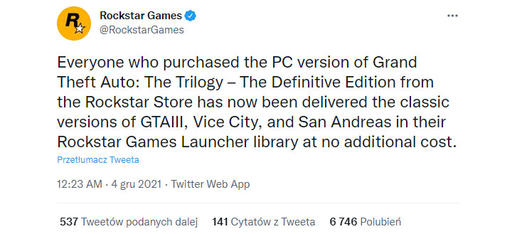 Klasyczne wersje trylogii GTA za darmo dla posiadaczy Grand Theft Auto: The Trilogy - The Definitive Edition - ilustracja #1