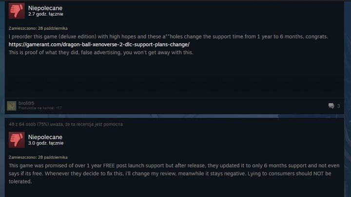 Zmiana opisu gry w sklepie Steam spotkała się z nieprzychylną reakcją graczy. - Premiera Dragon Ball: Xenoverse 2. Bandai Namco wycofuje się z darmowych aktualizacji gry? - wiadomość - 2016-10-28