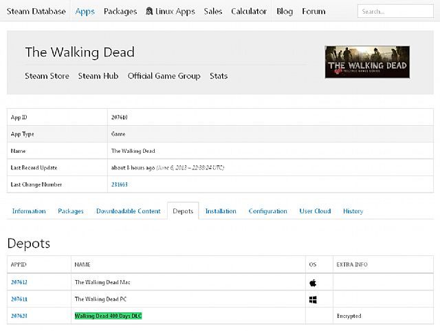 Na zdjęciu widać zaznaczony wpis o dodatku DLC 400 Days do gry The Walking Dead - The Walking Dead - dodatek DLC 400 Days w bazie danych Steama - wiadomość - 2013-06-07