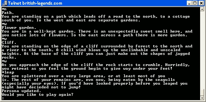 MUD-y nie posiadają grafiki, więc o bieżących wydarzeniach gracze są informowani w tekstowych komunikatach. Na zdjęciu – gra MUD z 1978 roku.