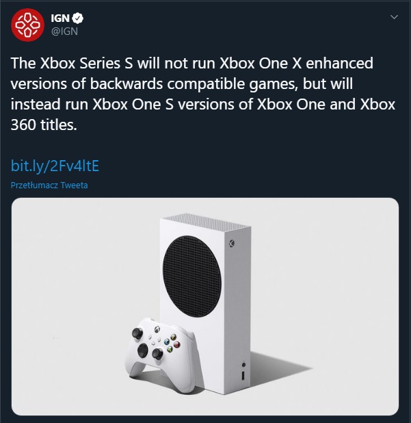 „Xbox Series S nie obsłuży ulepszonych pod Xbox One X gier z poprzedniej generacji, gry z Xbox One i Xbox 360 uruchomi za to w wersji z Xbox One S” – powodzenia w tłumaczeniu tego laikom. | Źródło: https://twitter.com/IGN