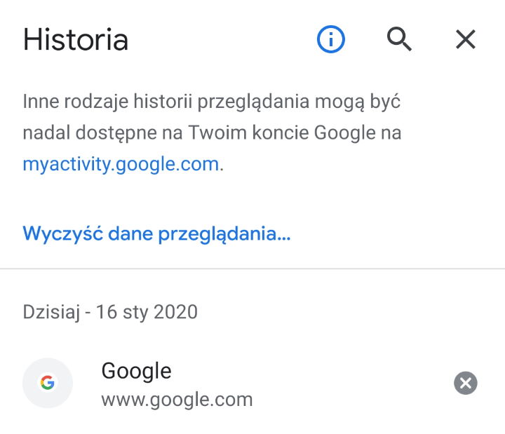 Całą historię usuwamy przy pomocy polecenia „wyczyść dane przeglądania”.