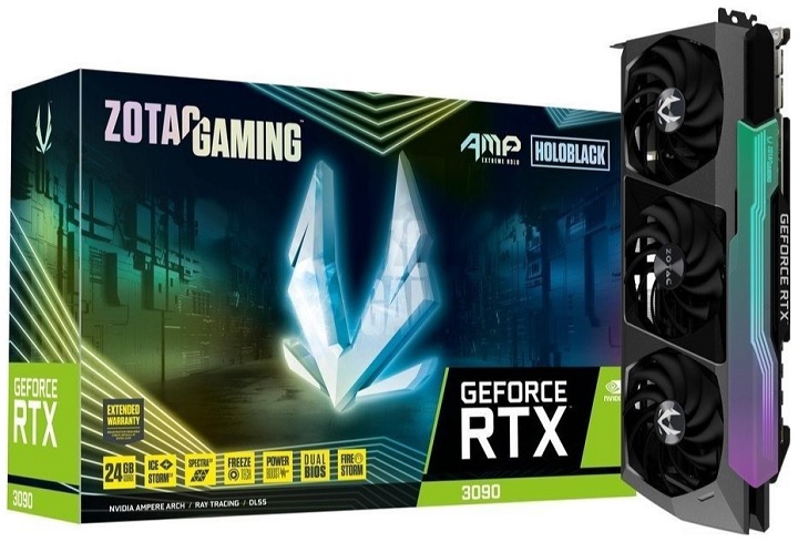 Karta graficzna Zotac GeForce RTX 3090 AMP Extreme Holo 24GB GDDR6X. Źródło: Zotac - Ranking kart graficznych Nvidia GeForce i AMD Radeon. Czerwiec 2022 - dokument - 2022-06-09