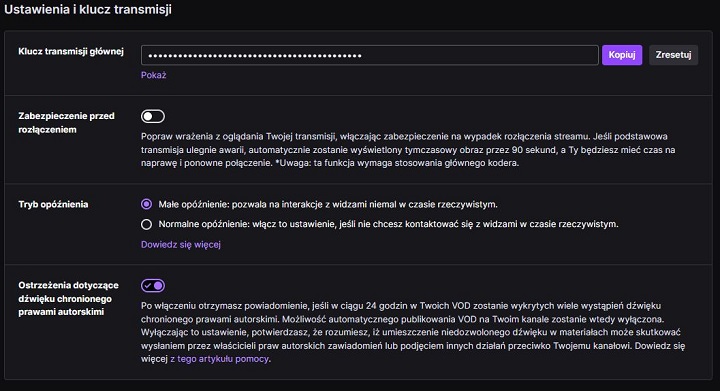 Klucz transmisji głównej znajdziesz w ustawieniach konta na Twitchu. - OBS i programy do streamowania - jak zacząć podbój Twitcha? - dokument - 2023-07-28