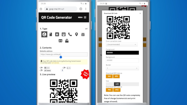 Można łatwo stworzyć obrazek z kodem QR korzystając ze strony goqr.me - Jak skanować kody QR w Androidzie - dokument - 2021-06-23