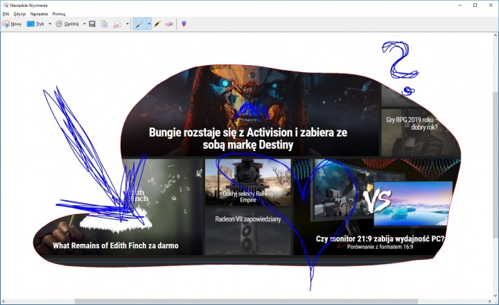 Narzędzie Wycinanie pozwala zaznaczyć dowolny obszar ekranu i robić na nim gustowne szkice. - 2019-01-18