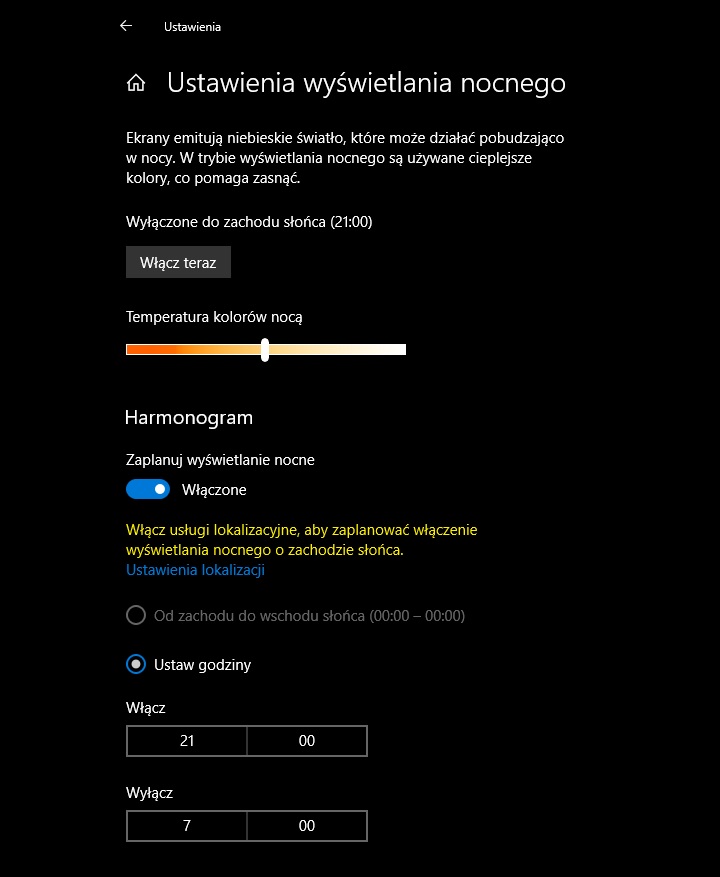 Możemy zaplanować sobie godziny, w których tryb nocny będzie uruchamiany lub uzależnić je od zachodów i wschodów słońca. - 2019-01-18