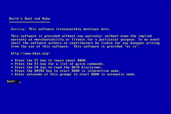 Taki ekran wita nas po uruchomieniu Darik’s Boot and Nuke. - 2018-11-16