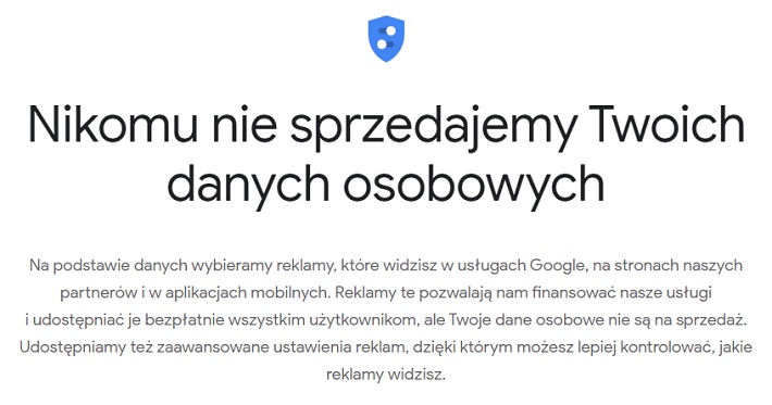 Google bardzo chce, byście o tym pamiętali – po wejściu w „Reklamy i dane”, napis zajmuje cały ekran.