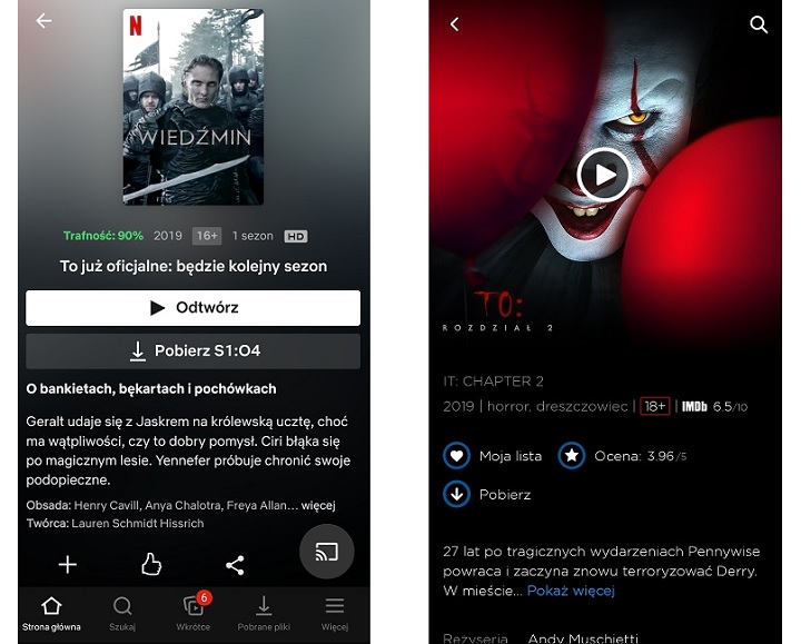 Mobilne aplikacje Netflixa i HBO GO wyglądają bardzo podobnie i obie pozwalają na pobieranie materiałów do późniejszego ich obejrzenia w trybie offline. Źródło: własne - Najlepsze telefony do oglądania filmów - dokument - 2021-01-02