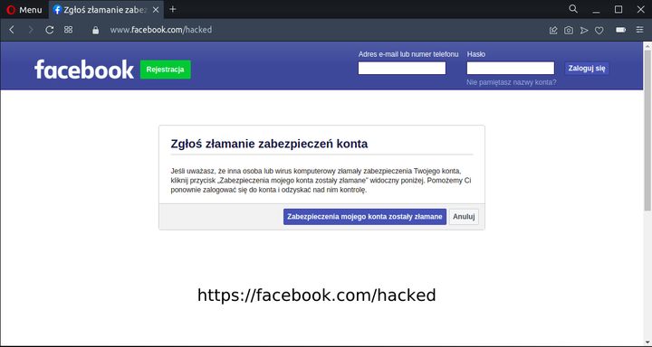 Portal Facebook udostępnia specjalną podstronę facebook.com/hacked dla ofiar włamań. - Włamanie na Facebooka. Co robić? - dokument - 2021-11-19