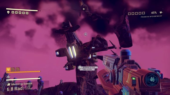 Stan techniczny premierowej wersji gry był tragiczny. Na zdjęciu statek kosmiczny, który zaklinował się w skale, co uniemożliwiło mi opuszczenie planety. - 2018-07-23
