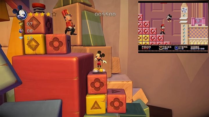 Castle of Illusion w wersji z 2013 i 1990 roku (w rogu). Źródło: kadr z filmu użytkownika temujin9000 na YouTubie. - 2016-09-26