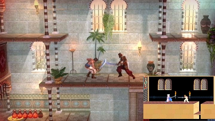 Prince of Persia Classic na X360 z 2007 roku i oryginalne Prince of Persia na MS-DOS-a z 1990 roku (w prawym dolnym rogu). Źródło screenów: MobyGames. - 2016-09-26
