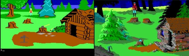 Po lewej oryginalny King’s Quest z 1983/1984 roku, po prawej remake (nadal w 16 kolorach!) z 1990 roku.