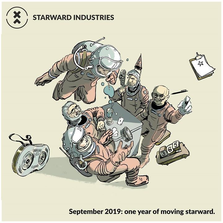 Grafika przygotowana na rok istnienia studia. Widzicie tego starszego pana w okularach? Tak, to Stanisław Lem. - Pierwsze starcie z Lemem. Polacy tworzą grę science-fiction - dokument - 2019-12-09