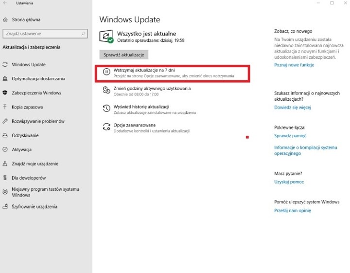 W tym miejscu możemy kupić sobie kilka dni wolności od aktualizacji Windowsa 10. - Jak wyłączyć aktualizacje Windows 10? - dokument - 2019-11-04