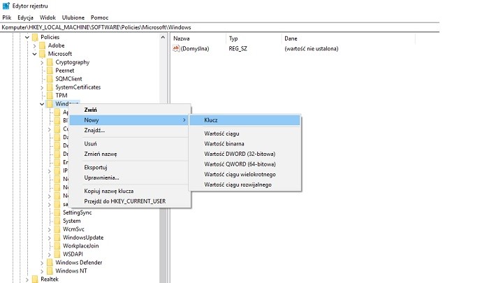 Dodanie nowego Klucza w rejestrze wygląda jak dodanie folderu w Windowsie. - Jak wyłączyć aktualizacje Windows 10? - dokument - 2019-11-04