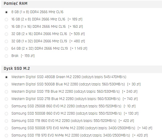 Za mało RAMu i miejsca na dysku? Lepiej wybrać firmę, która pozwala skonfigurować laptopa przed zakupem – na zdjęciu panel wyboru na stronie Hyperbook.pl z cenami na koniec marca 2021.