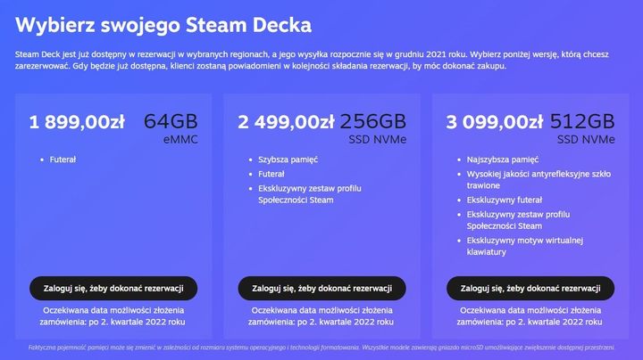 Trzy warianty cenowe z różnymi dodatkami | źródło: store.steampowered.com - Steam Deck coraz bliżej. Co powinniśmy wiedzieć o konsoli Valve? - dokument - 2022-05-31