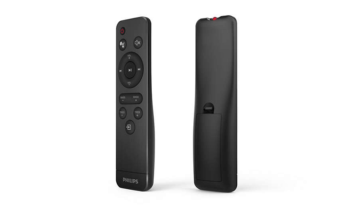 Pilot od soundbara nie zajmuje wiele miejsca. Tutaj ten od soundbara Philips TAPB405/10. Źródło: Philips - Soundbar – dobry głośnik do telewizora i komputera - dokument - 2020-06-17