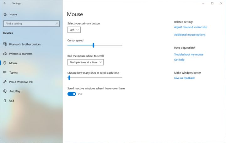 Nowy ekran ustawień myszy. Źródło: Microsoft.