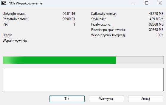 Niecałe dwie minuty i 50GB już rozpakowane? Tak było, nie zmyślam.