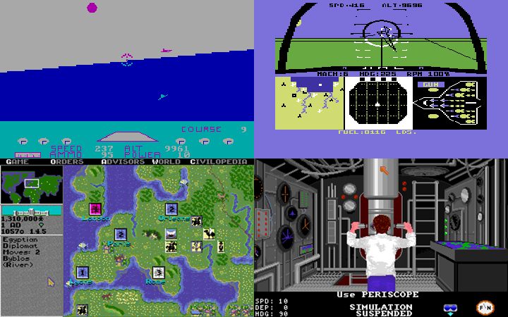 Dziś pojedynczy screenshot z dawnej gry czytelny byłby tylko na komórkach. Od lewej: Hellcat Ace, F-15 Strike Eagle, Civilization i Silent Service – przeboje pierwszych lat MicroProse. - Prawie jak feniks z popiołów – historia studia MicroProse - dokument - 2020-05-26