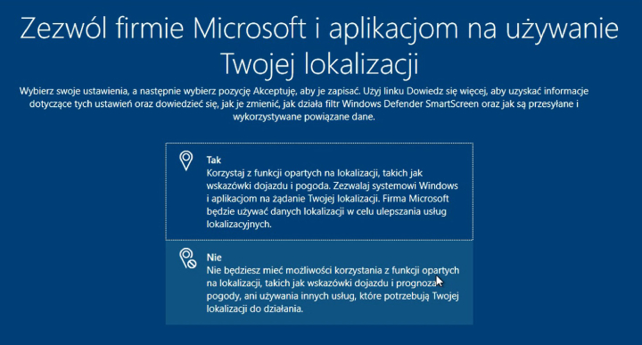 Teraz czeka nas kilka ekranów pozwalających skonfigurować ustawienia rozpoznawania mowy, śledzenia pozycji GPS, etc. Proponuję wybierać pozycje odmowne, ze względu na to, że jeśli któraś aplikacja będzie wymagała uruchomienia którejkolwiek z tych funkcji, system sam nas o tym poinformuje. Osobiście uważam, że pozostawienie tych funkcji włączonych pozwala Microsoftowi na gromadzenie nadmiernych danych o użytkowniku - Jak zainstalować Windows 10 i Windows 11 z pendrive USB - dokument - 2022-07-29