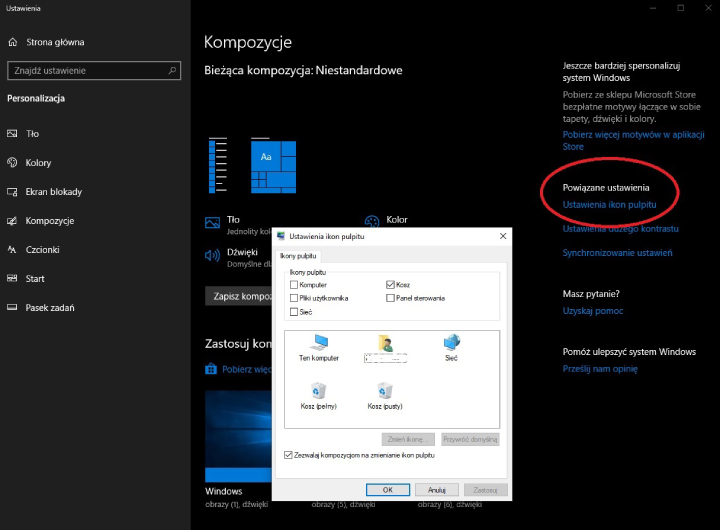 Pojawi się nam kolejne okno w którym zaznaczamy, które podstawowe ikony chcemy widzieć na naszym pulpicie (proponuję zaznaczyć „Komputer”, „Kosz” i „Pliki użytkownika”), a następnie zatwierdzamy przyciskiem „OK” nasz wybór i zamykamy okno Personalizacji. - Jak zainstalować Windows 10 i Windows 11 z pendrive USB - dokument - 2022-07-29