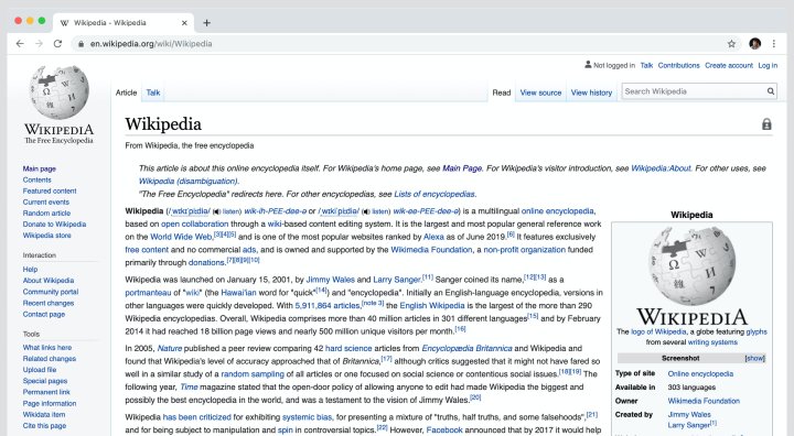 Angielska strona hasła „Wikipedia” na Wikipedii. - Kulisy Wikipedii - 100 ludzi "rządzi" Polską Wiki - dokument - 2021-11-08