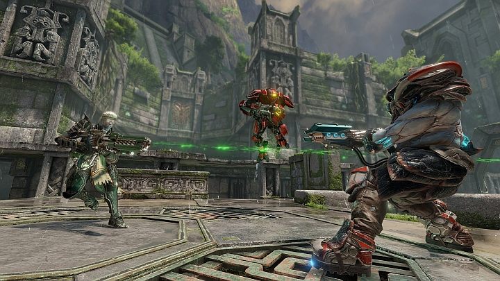 Poziom i styl grafiki jest pozornie podobny, ale tak naprawdę Quake Champions wyraźnie róźni się od nowego Dooma. Choćby obecnoocią zieleni na arenach. - 2016-08-12