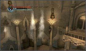 Z belki skocz na kaskady, omiń pierwszą, zatrzymaj czas, odbij się od niej, odbij się od wcześniejszej, puść przycisk zatrzymujący upływa czasu i przedostań się na fragment tarasu - Ostatnia wspinaczka | Opis przejścia Prince of Persia Zapomniane Piaski - Prince of Persia: Zapomniane Piaski - poradnik do gry