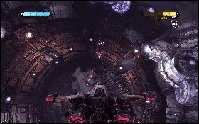 Wymiń mechanizm z wiązką laserową [1] i zacznij kierować się w stronę zamkniętych wrót, przed którymi zniszcz siły powietrzne przeciwnika [2] - - Część 9 - Atak powietrzny (1) - Opis przejścia - Transformers: Wojna o Cybertron - poradnik do gry