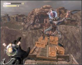 Po wejściu na nią, moc naszej rękawicy zwiększy się [1], a naszym zadaniem będzie podążanie celownikiem za niebieskim okręgiem na głowie bossa [2] - - Pojedynek na pociągu | Opis przejścia Singularity - Singularity - poradnik do gry