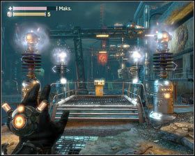 Gdy poziom wody opadnie [1], wracamy na platformę wzmacniającą UMC [2] i przy jej pomocy naprawiamy statek - - Doki centralne (2) | Opis przejścia Singularity - Singularity - poradnik do gry